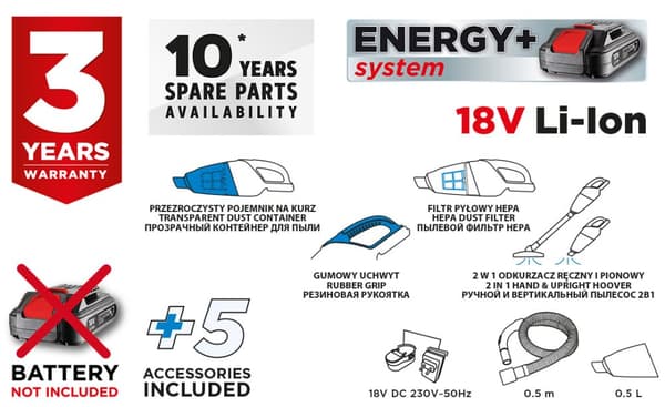 i 1 sladdlös dammsugare - handhållen och upprätt Energy+ 18V, utan batteri