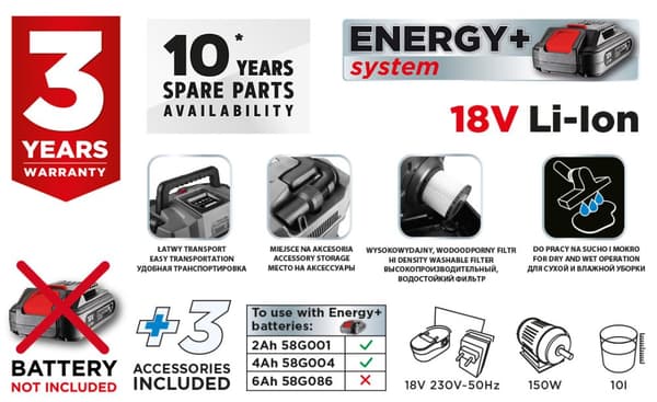 Værkstedsstøvsuger Energy+ 18V, Li-Ion, 10 L, uden batteri
