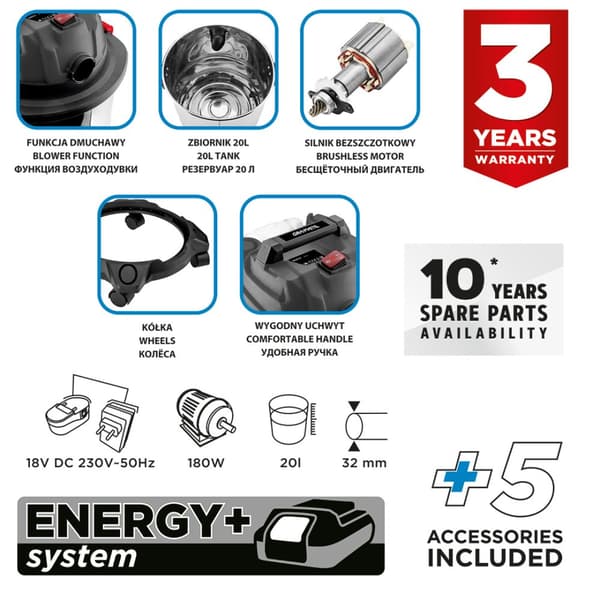 Energy+ 18V Li-Ion verkstadsdammsugare, våt och torr, 20L tank, utan batteri