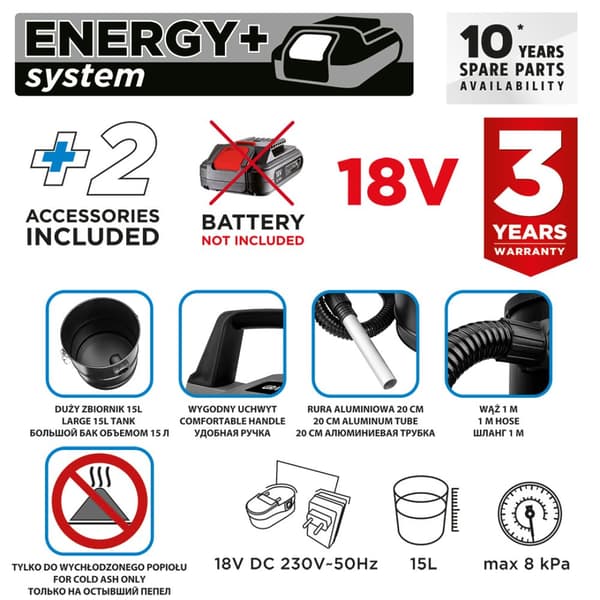 Energy+ 18V Li-Ion askesuger, 15L tank, uden batteri