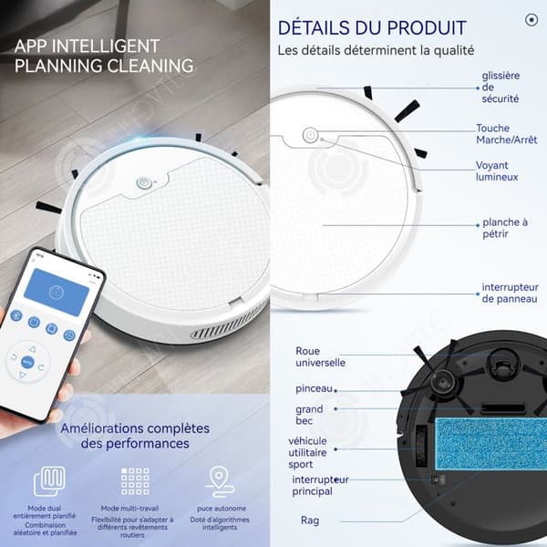 INN Robotdammsugare 3000mah 1800pa 3 hastighetsjustering Appkontroll Robotdammsugare med 400ml dammlåda och 2 borstar