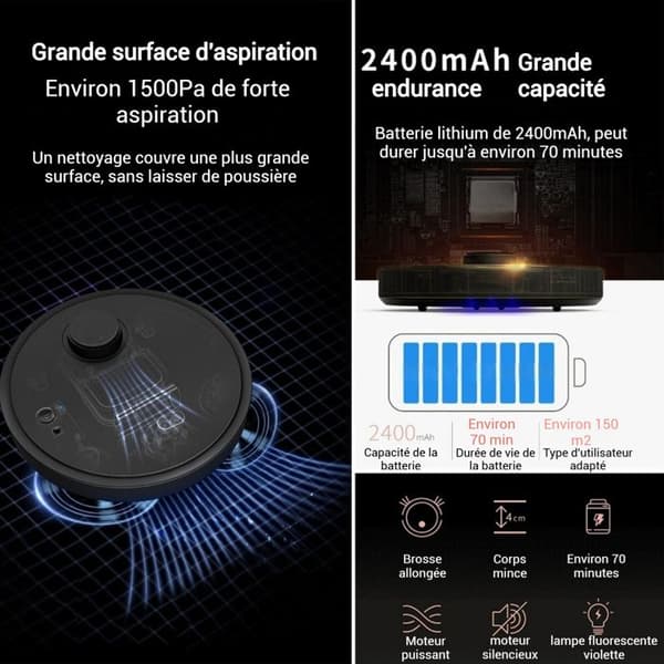 INN Robotdammsugare 1500pa 2400mah 7.4V 70 minuters batteritid lämplig för hus med en yta på cirka 150 kvadratmeter nej