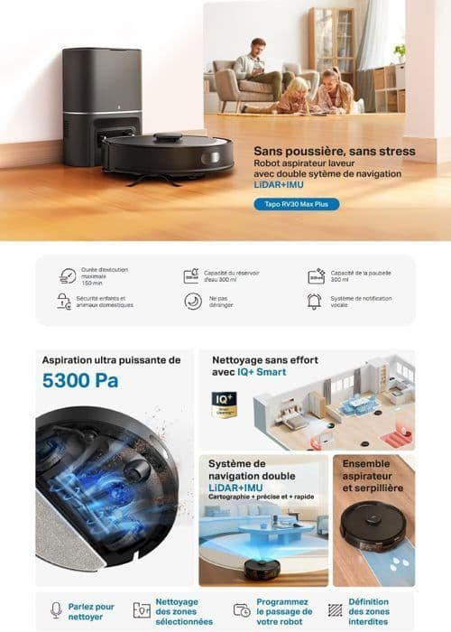 Tapo Robotdammsugare med Automatisk Sugstation, RV30 Max Plus, hyper sug 5300 Pa, Dubbel LiDAR-navigation