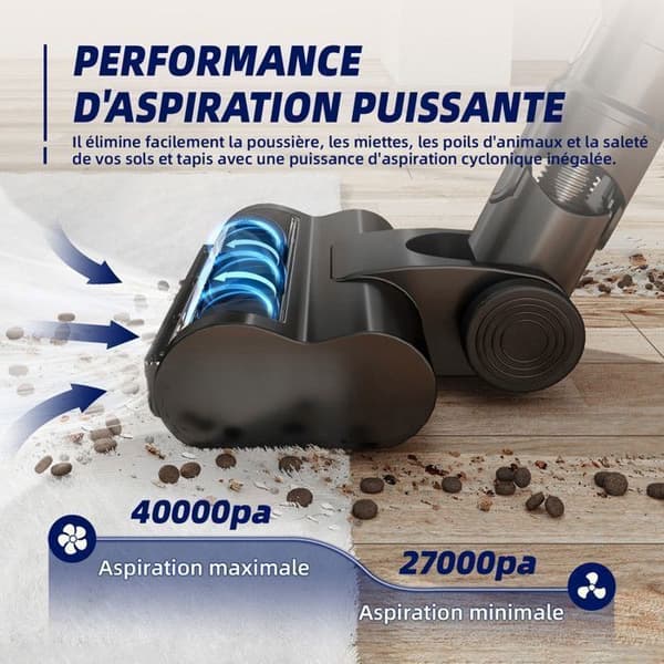 Sladdlös Dammsugare 40,000Pa, 520W Kraftfull, 55 min Batteritid, 8-konus Cyklonsystem