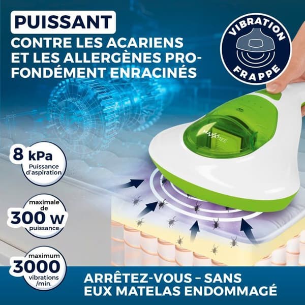 MAXXMEE Dammsugare för kvalster Vibration - HEPA-13, UV-C-ljus - dödar 99,9 % av kvalster m.m. - vit/limegrön