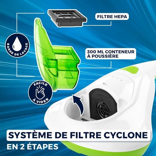MAXXMEE Dammsugare för kvalster Vibration - HEPA-13, UV-C-ljus - dödar 99,9 % av kvalster m.m. - vit/limegrön