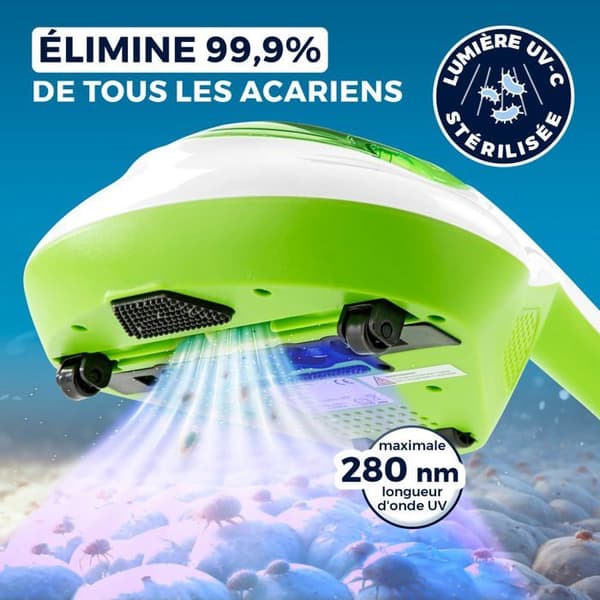 MAXXMEE Dammsugare för kvalster Vibration - HEPA-13, UV-C-ljus - dödar 99,9 % av kvalster m.m. - vit/limegrön