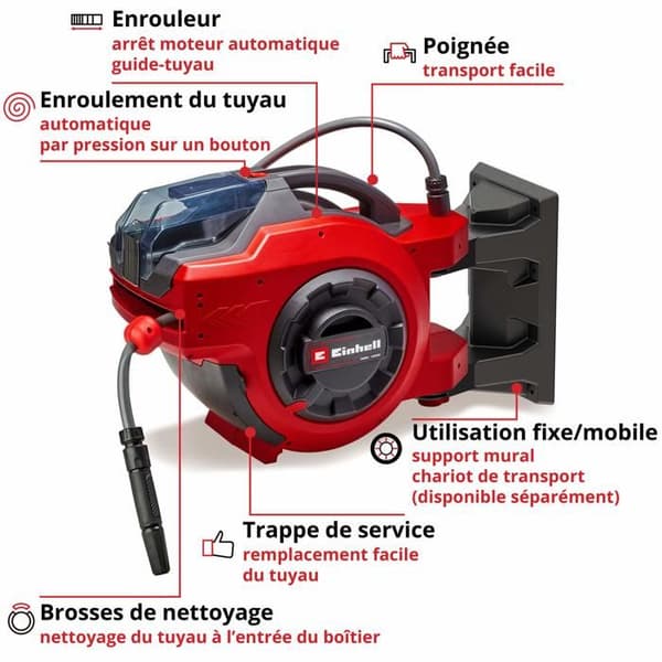 Einhell Slangupprullare utan sladd GE-HR 18/30 Li-Solo (18V, roterar upp till 180°) Levereras utan batteri eller laddare