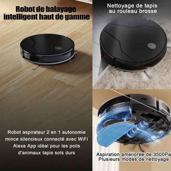 INN Robotdammsugare 2 i 1 Autonomy Slim Tyst Ansluten med WiFi Alexa App Idealisk för husdjurshårmattor Hårda golv