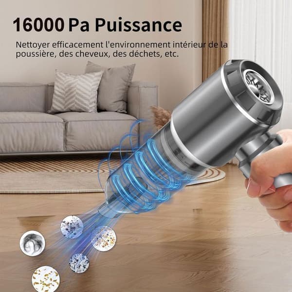 Bilacsugare - Handhållen Dammsugare - Damm utan Sladd - 16000Pa, 6000mA - 3 Hastigheter med Motor - för Bil Djur Hem