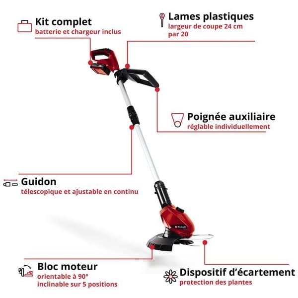 Einhell Trimmerslösning utan sladd GE-CT 18 Li Kit Power X-Change (18V, klippbredd 24 cm, 20 blad) Levereras med 2,0 Ah batteri och laddare