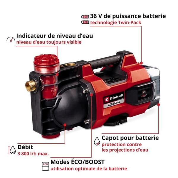Einhell Trådlös bevattningspump AQUINNA 36/38 F LED Solo Power X-Change (36V) Levereras utan batteri eller laddare