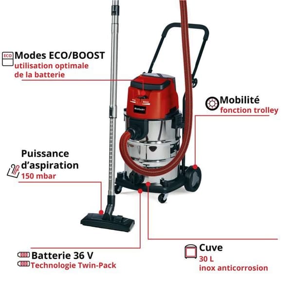 Einhell Dammsugare för vatten och damm utan sladd TE-VC 36/30 Li S-Solo Power X-Change (36V, Behållare 30L) Levereras utan batteri eller laddare
