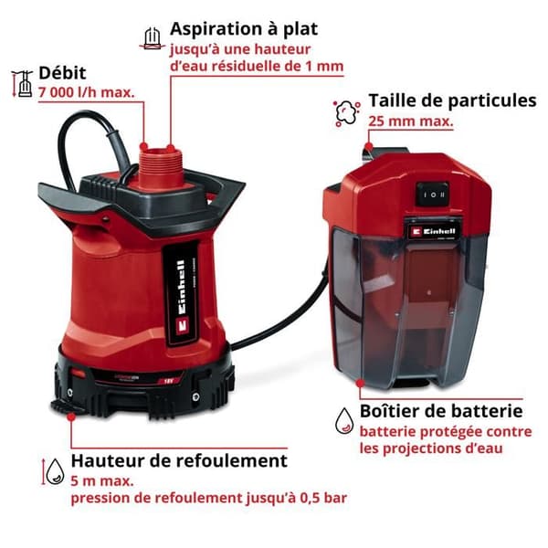 Einhell Pump för avlopp av smutsigt vatten utan sladd GE-DP 18/25 LL Li-Solo Power X-Change (18V) Levereras utan batteri eller laddare