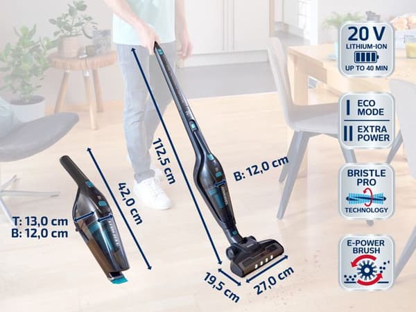 Sladdlös 2-i-1-städare Leifheit Regulus PowerVac 11928, multifunktionsdammsugare 20V, batteritid 40min, svart