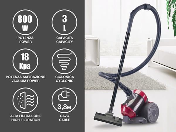Beper Canister Dammsugare - P202ASP200 - Cyclonic Canister Dammsugare, 800 Watt, Röd, W, 3 liter