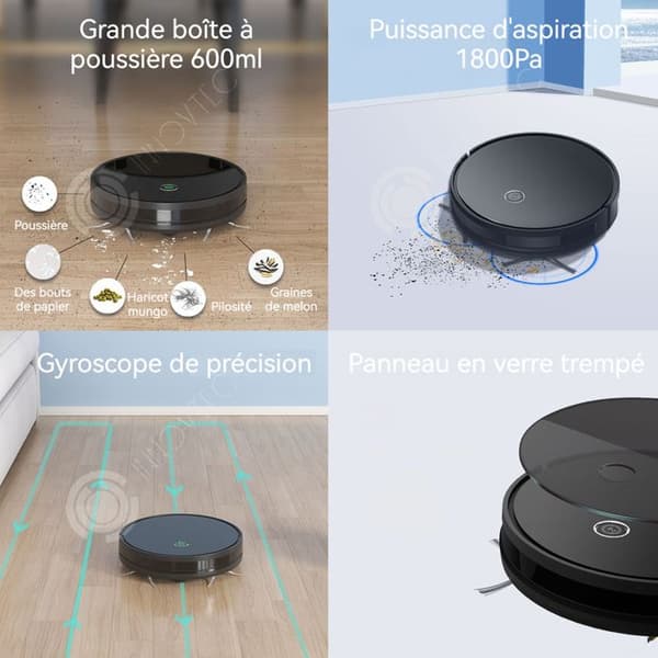 INN Robotdammsugare 1800pa 2600 mah dammbehållare 600 ml 2 hastighetsinställningar kroppsdimension 7,9 cm automatisk laddning ljudnivå 68 db