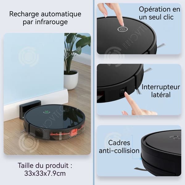 INN Robotdammsugare 1800pa 2600 mah dammbehållare 600 ml 2 hastighetsinställningar kroppsdimension 7,9 cm automatisk laddning ljudnivå 68 db