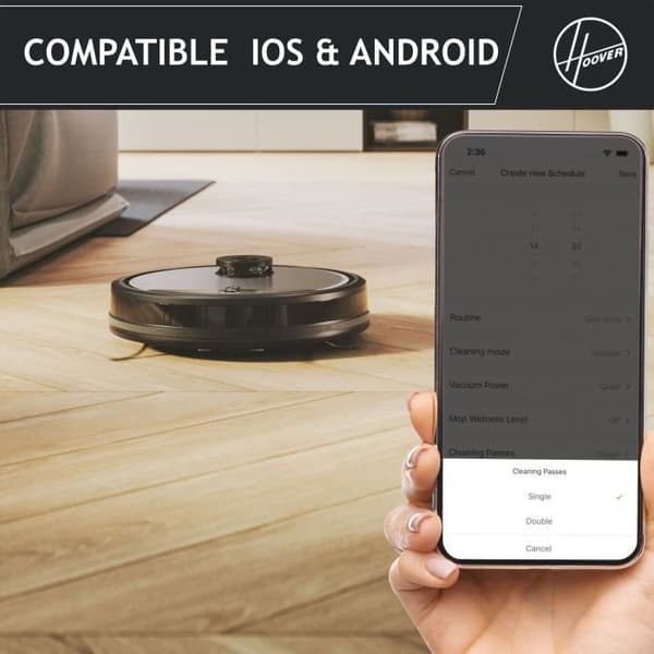 Hoover HG510D Kuivaimuri robotille - WiFi - Lasernavigointi - XL-harja - 90 minuutin akunkesto - Tehokas - Erittäin hiljainen 68 dBA