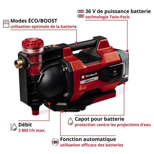Einhell Trådlös bevattningspump AQUINNA 36/38 F LED AUTOMATISK Solo Power X-Change (36V) Levereras utan batteri eller laddare