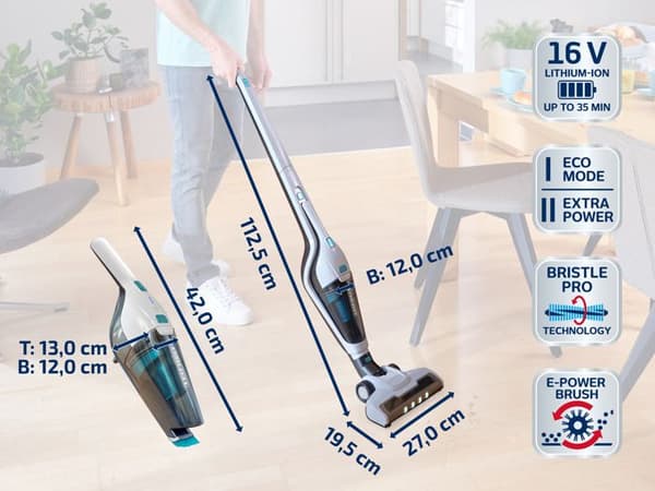 Trådlös 2-i-1 sopborste Leifheit Regulus PowerVac 11927, multifunktionell dammsugare 16V, autonomi 35min, vit