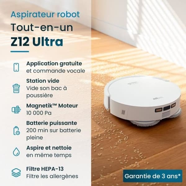 EZICLEAN All In One Z12 Ultra - Verkkoon kytketty robotti-imuri tyhjennysalustalla - 270 min - 14.4 V - 1.8 L - Valkoinen