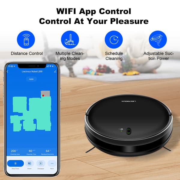 Robotstøvsuger, intelligent kortlægning, WiFi-app,Sort
