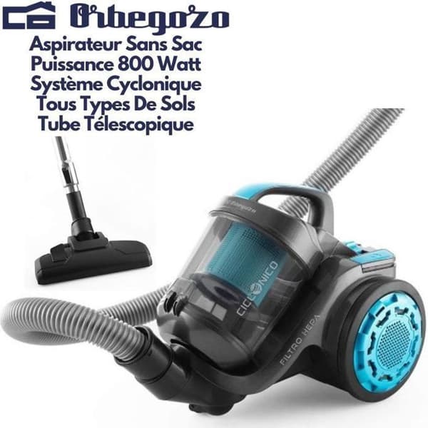 Orbegozo AP8030, påslös dammsugare, 2 liters tank, cyklonsystem, HEPA-filter, 800W Svart, Blå