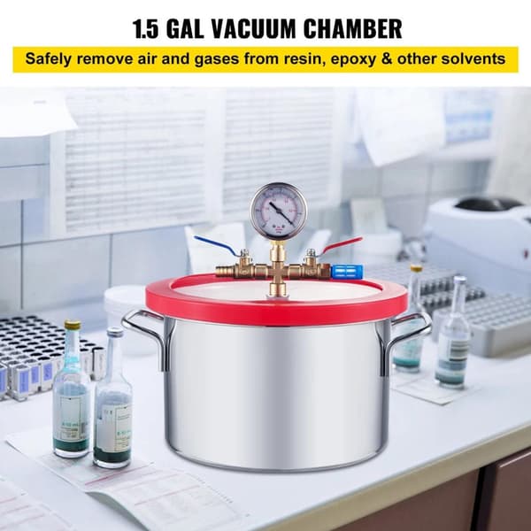 1,5 gallon vakuumkammare i rostfritt stål med synligt oljefönster, noggrann vakuummätare och 2 ljuddämpare, genomtänkta detaljer, bred användning