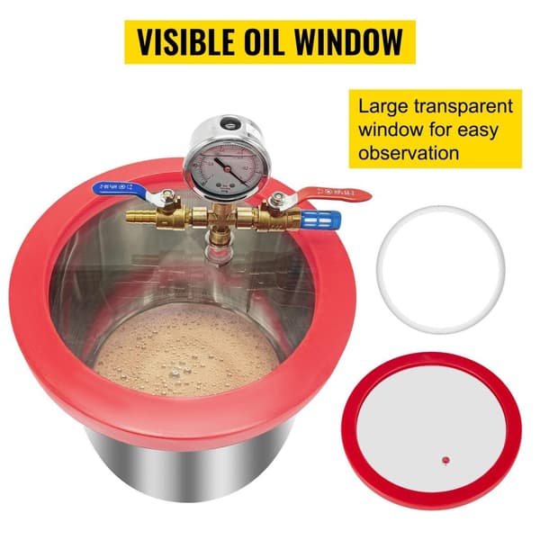 2 gallon vakuumkammare i rostfritt stål med synligt oljefönster, noggrann vakuummätare och 2 ljuddämpare, genomtänkta detaljer, bred användning