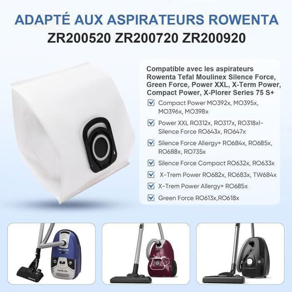 Set med 15 hygienpåsar+ZR200520 ZR200720 Kompatibel med Rowenta Tefal Moulinex Silence Force/rowenta silence force dammsugarpåse