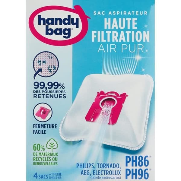 Handy bag® PH86/PH96® dammsugarpåsar - Philips, Electrolux, AEG, Tornado - 4 påsar + 1 luftutloppsfilter för att skära
