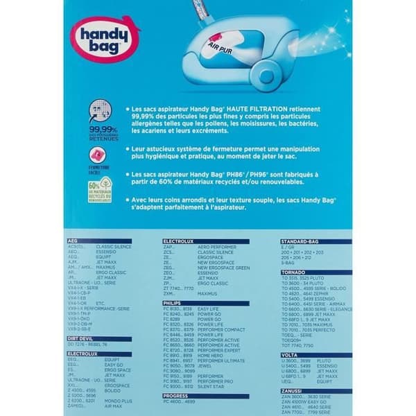 Handy bag® PH86/PH96® dammsugarpåsar - Philips, Electrolux, AEG, Tornado - 4 påsar + 1 luftutloppsfilter för att skära