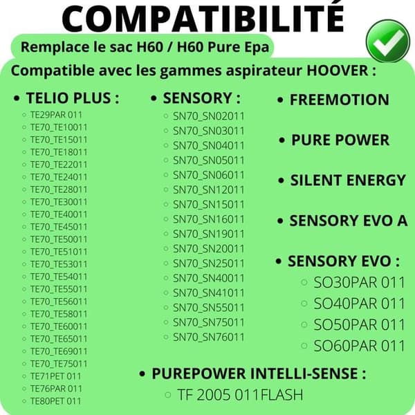 Säcksugare - Hoover - H60 - Pack om 10 - Kompatibel med flera modeller - Vit