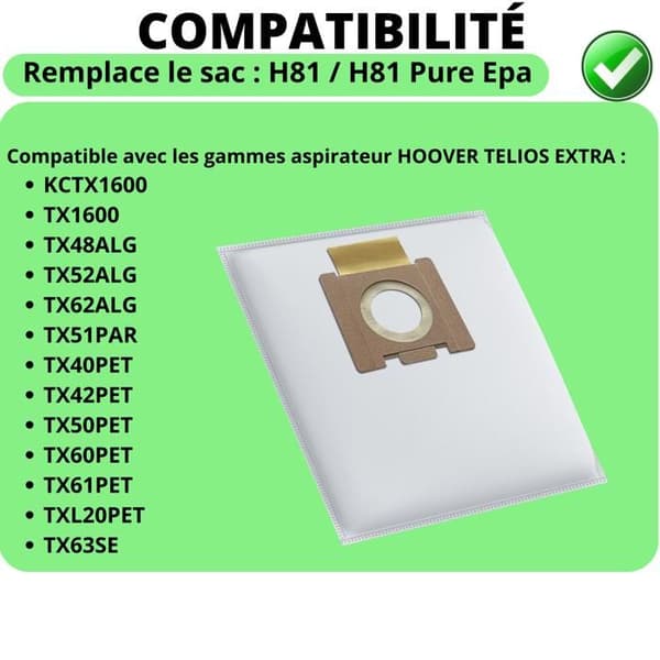 Säck för dammsugare - Hoover - Teliox Extra - 10-pack - Kompatibel H81 - Vit