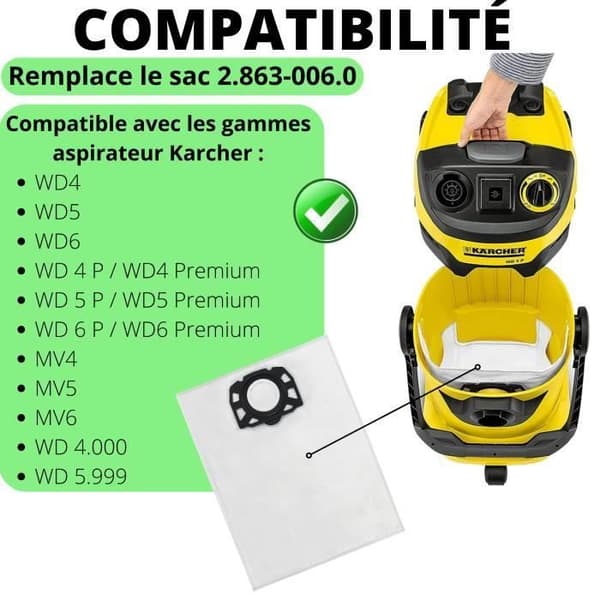 Säck för Karcher WD4 WD5 WD6 MV4 MV5 MV6 Städsäckar ersättning 2.863-006.0 [Förpackning 8] Phonillico®