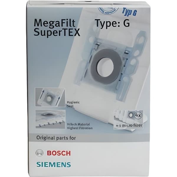 Säck för dammsugare typ G - Bosch - MEGAfilt SuperTEX - 4 säckar + 1 mikrofilt - Hygienisk stängning