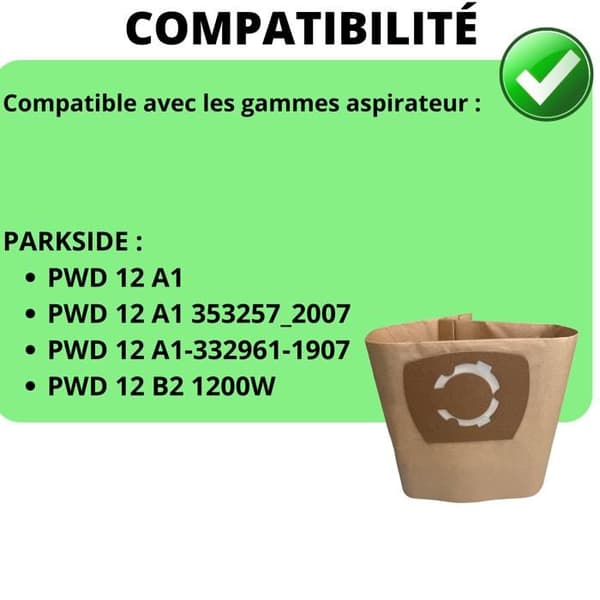 Dammsugarsäck - Parkside - PWD 12 A1 - 10-pack - Kompatibel - Dammsamling
