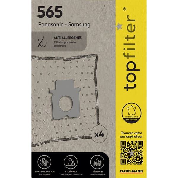 Dammsugarpåsar - TopFilter - Premium - 4 stycken - Kompatibel med Samsung och Panasonic - Syntetiskt material