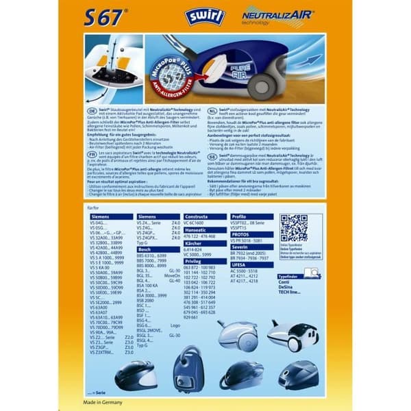Swirl 2027285 Säck för Dammsugare S67 Neutralisera Luft - 202614
