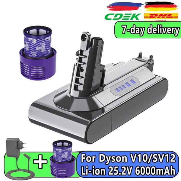 Erstatningsbatteri, høj kapacitet 6000mAh, kompatibel med V6, V7, V10,V10 Filter Oplader