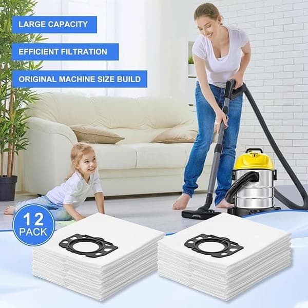 OBOSOE 12-pakkaus fleecepölynimuripussit Kärcher WD4, WD5, WD6, MV4-MV6, WD5P, WD6P – Yhteensopivat suodatinpussit 2.863-006.0 märkä- ja kuivakäyttöön