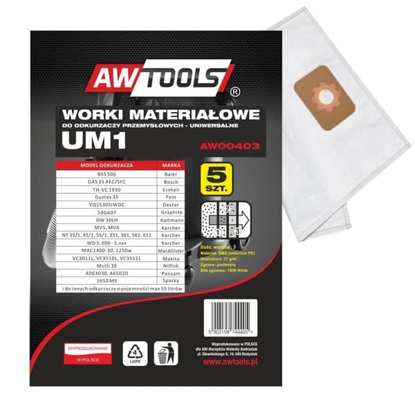 AWTOOLS mikrokuitupussit, 5 kpl:n sarja, UM1, GAS35/VC3011L/VC3510L/VC3511L