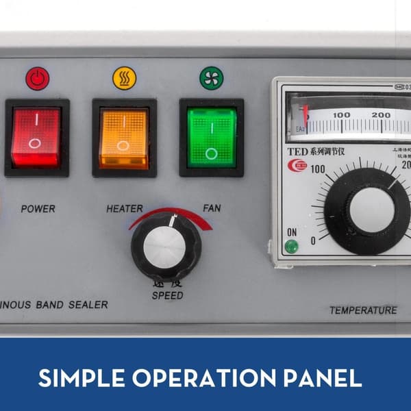 500W 0-16m/min kontinuerlig vertikal auto förseglingsmaskin med enkel manöverpanel/nödstoppsknapp, justerbar höjd/tryck, stöder utskrift