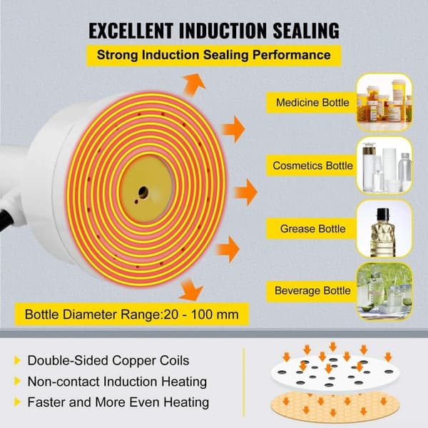 500W 5-20st/min 20-100mm bärbar induktion flasklock förseglingsmaskin med digital kontroll, strömavbrottsminne, säkerhetsskydd,effektiv värmeavledning