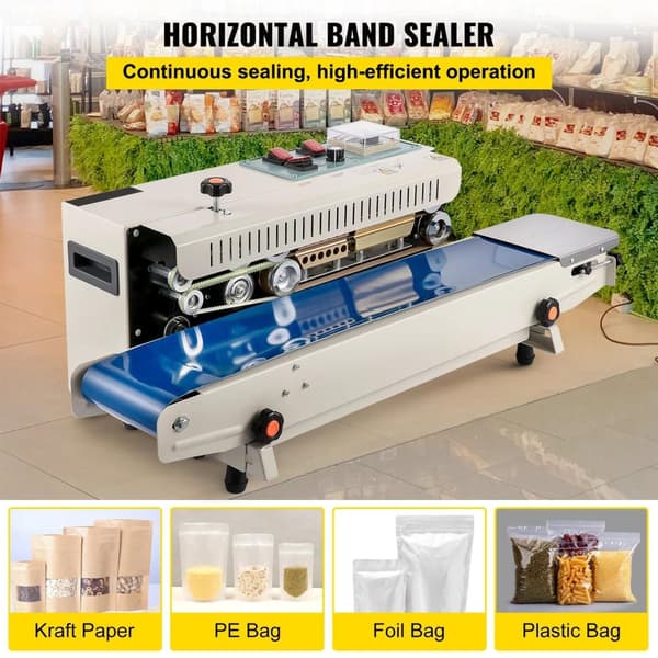 750W 6-15mm tätningsbredd 0-24 m/min horisontell kontinuerlig bandtätningsmaskin med utskriftsfunktion, kraftfull kontrollpanel, bred tillämpning