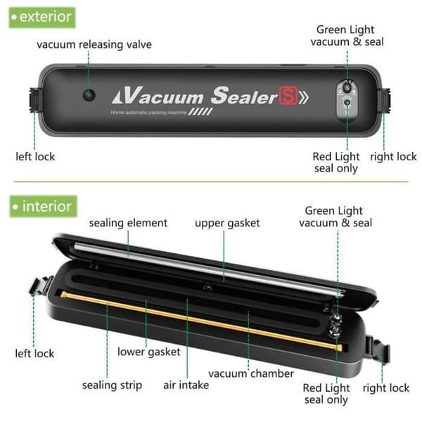 Vacuum Sealer, Portable Automatic Food Sealer Vacuum Sealer, 2 funktioner/LED-indikatorlampor/15 påsar-svart