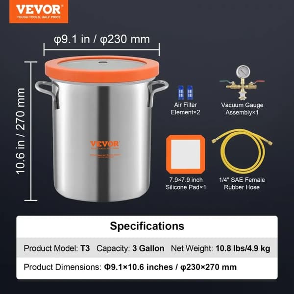 Vakuumkammer, 2 gallons kapacitet, inkluderer vakuummåler samling,3 gallon