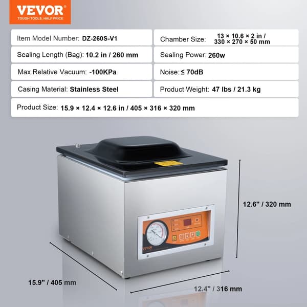 Chamber Vacuum Sealer, 260W Effekt, 10,2 tommer Forseglingslængde, -100KPa Vakuum,DZ-260S