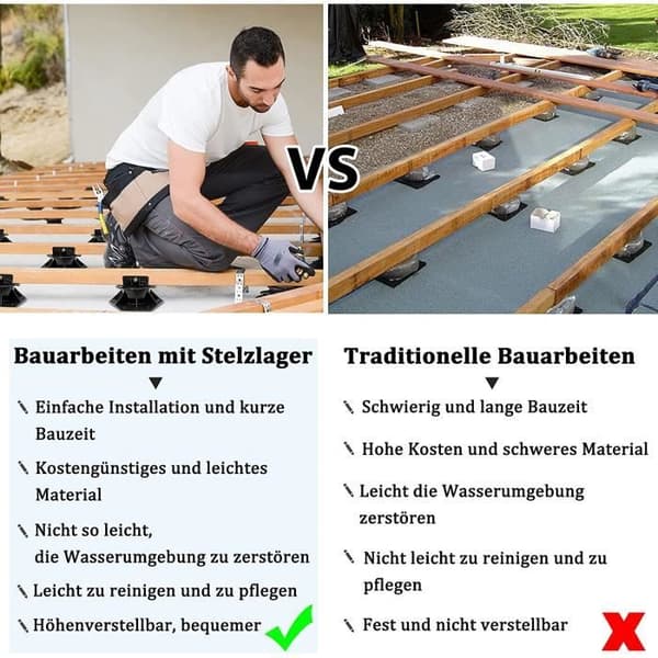 LARS360 Set med 10 terrasspiedestaler justerbara i höjd från 60 till 140 mm, tillverkade av polypropen, roterande fot, för terrass, balkong